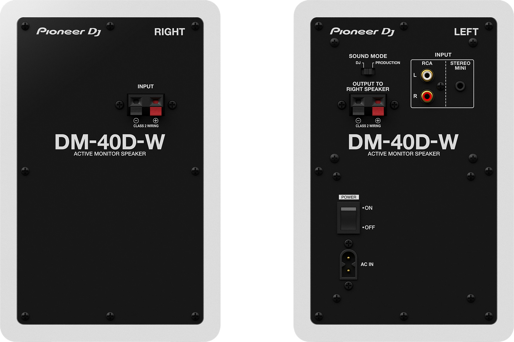 Twee Pioneer DJ DM-40D-W luidsprekers. Eén toont ingangen, de andere stroom en uitgang.