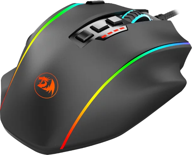 Fekete gaming egér RGB világítással és több gombbal, oldalsó logóval.