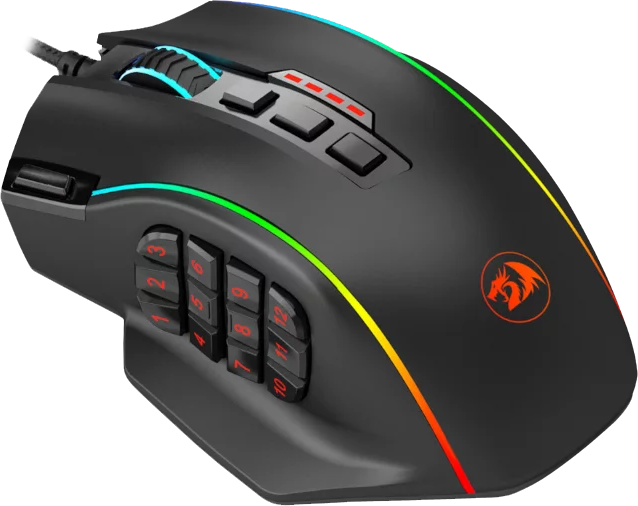 Fekete gamer egér több gombbal, görgetőkerékkel és RGB világítással.