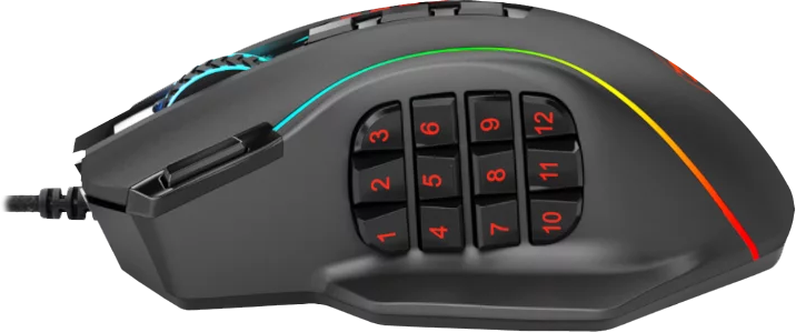 Fekete gamer egér számozott gombokkal és megvilágított élekkel.