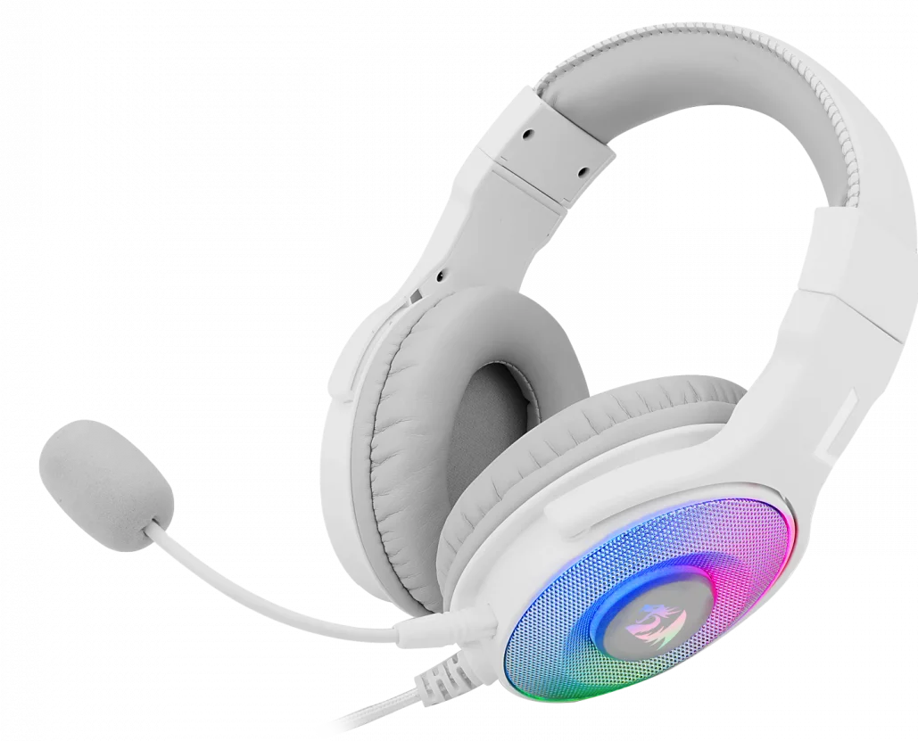 Fehér gamer headset mikrofonnal. RGB világítással rendelkezik.