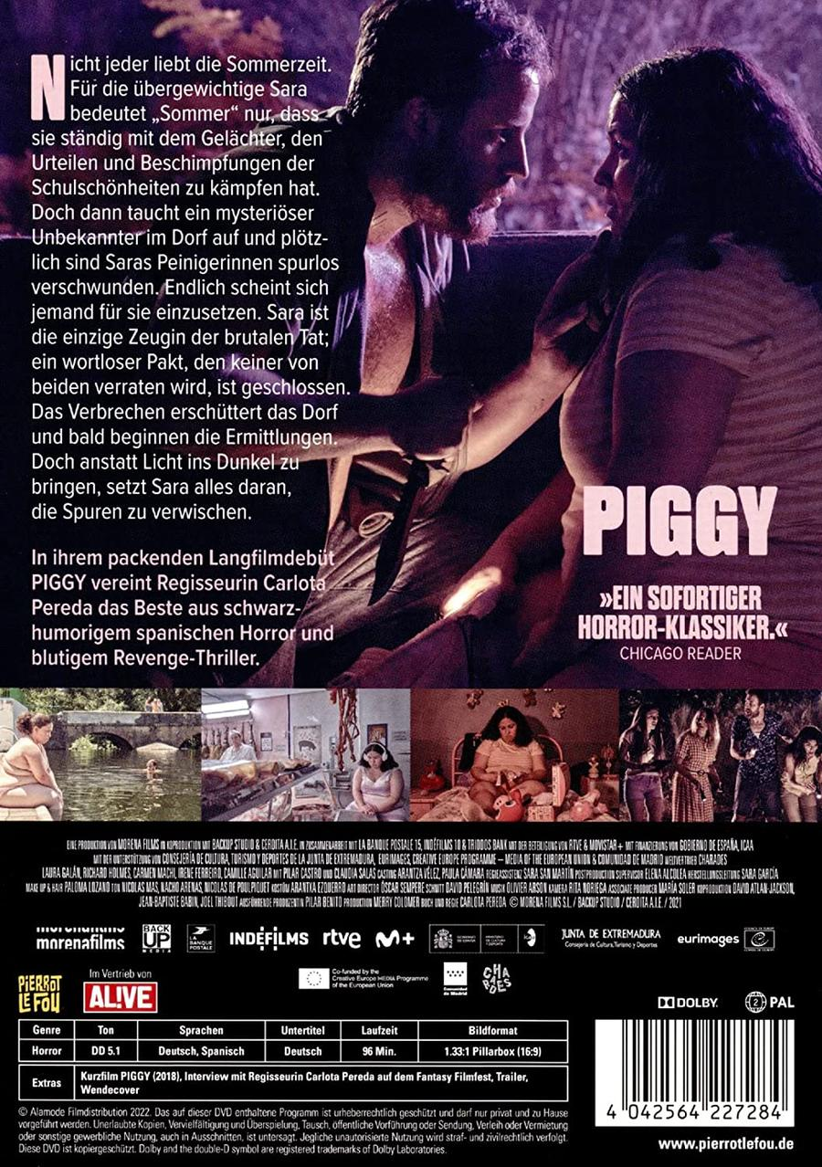 Filmposter für PIGGY, einen spanischen Horrorfilm, mit Text und einem dunklen Bild.