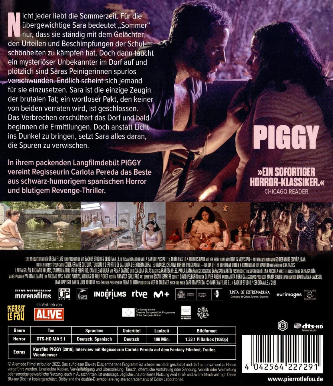 DVD-Cover des Films 'Piggy', mit zwei sich umarmenden Personen und Filmdetails.