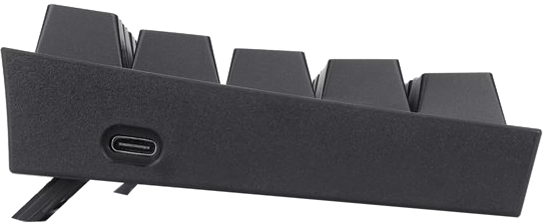 Egy fekete billentyűzet oldalsó profilja, felül gombokkal és oldalt egy USB-C porttal, felfelé döntve.