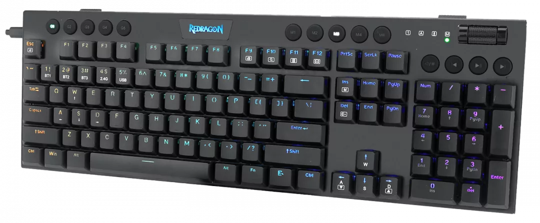 Fekete gamer billentyűzet. Több gomb különböző színekkel világít. Redragon márka.