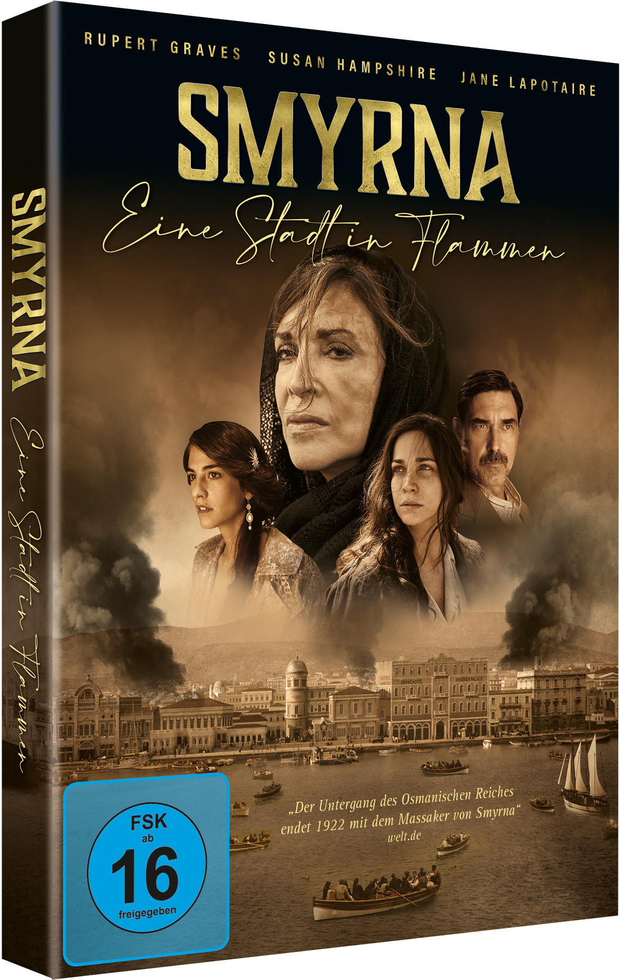 DVD-Cover von 'Smyrna: Eine Stadt in Flammen' mit Schauspielern.