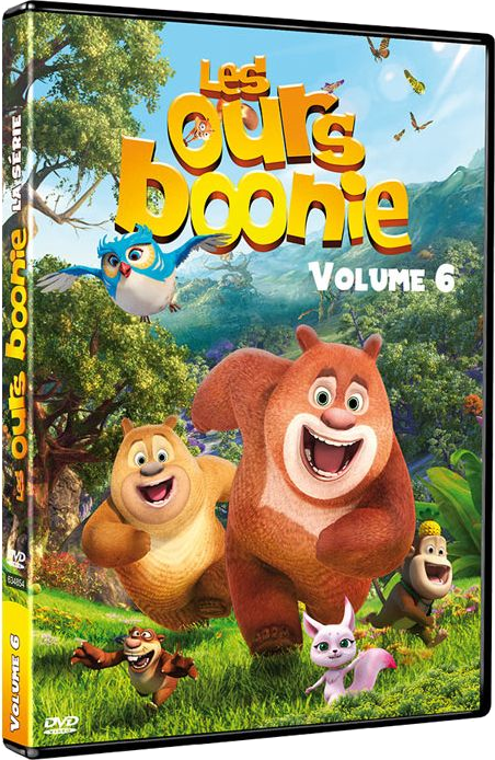 Couverture de DVD avec des ours de dessins animés. Les ours sont bruns, sourient et sont dans un cadre forestier.