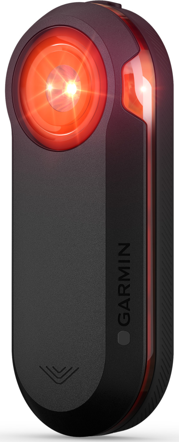 Zwart en rood Garmin fietslicht, felrood licht aan.