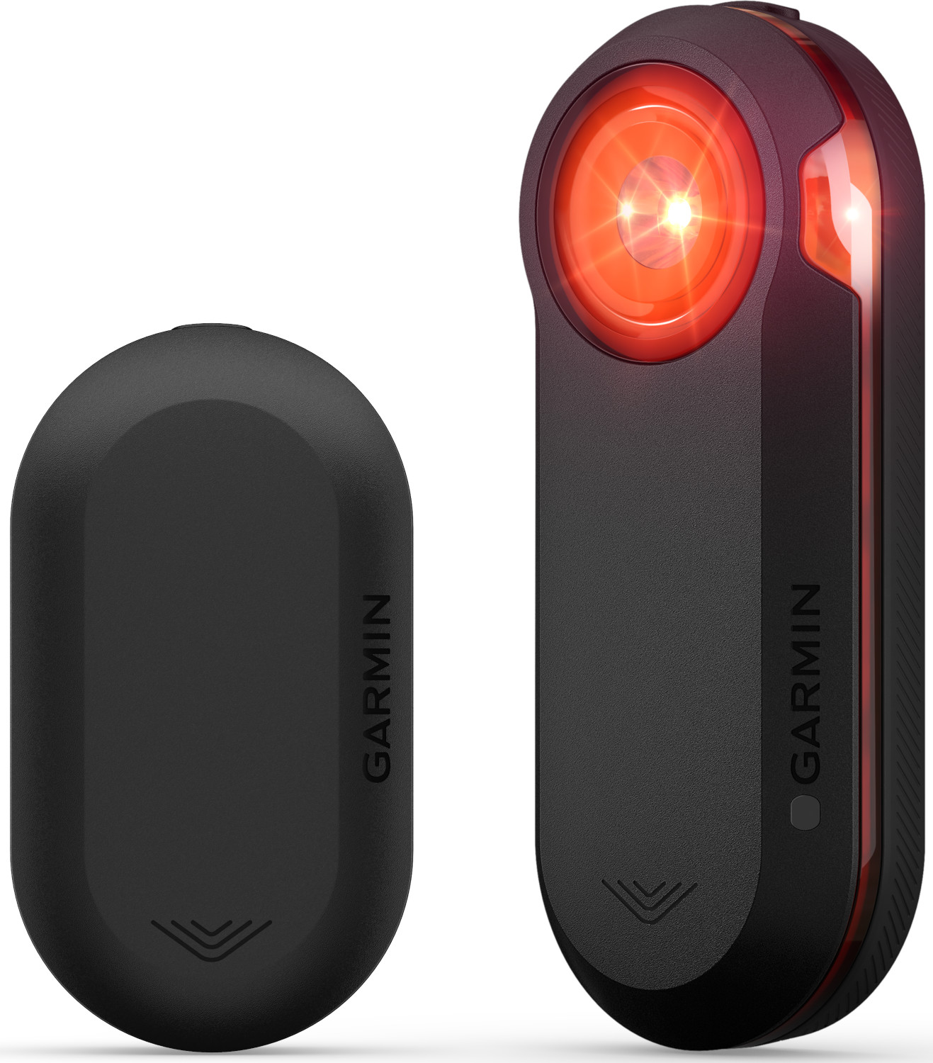 Twee zwarte Garmin fietslampen, een oplichtend met rood licht.