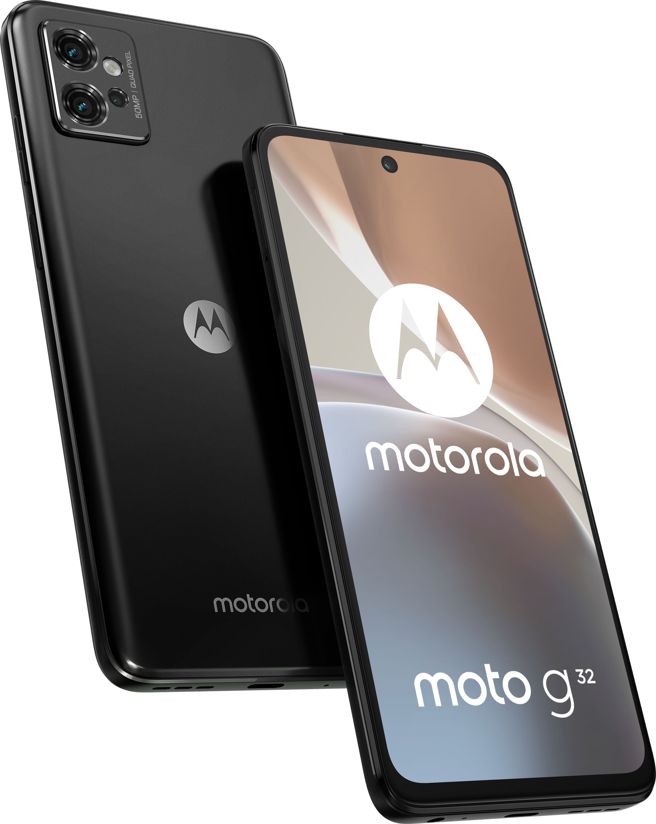 Schwarzes Motorola-Telefon, das Vorder- und Rückseite zeigt.