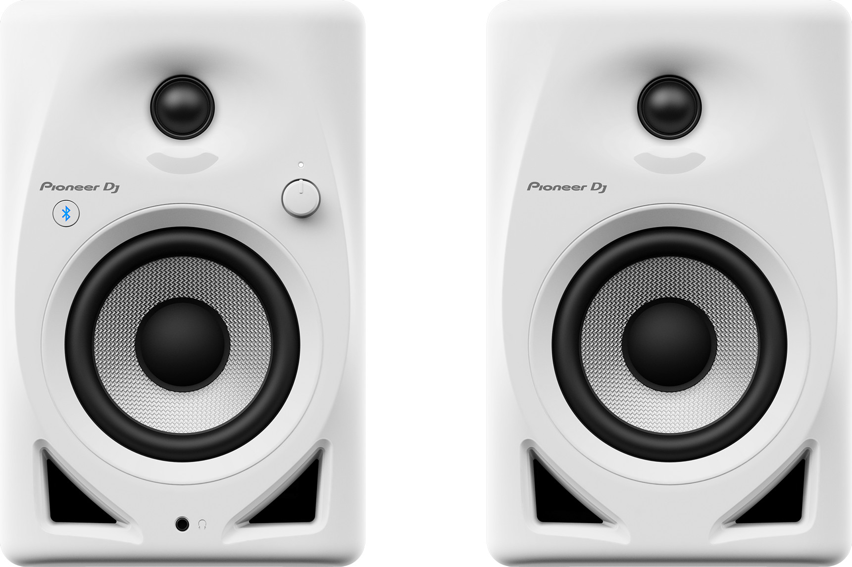 Deux enceintes Pioneer DJ blanches. Chacune a un woofer noir, un tweeter et un bouton de contrôle.