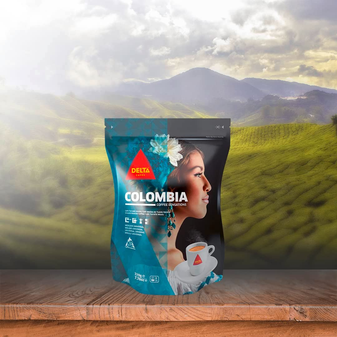 Bolsa de café con retrato de mujer y fondo de paisaje de montañas y naturaleza.