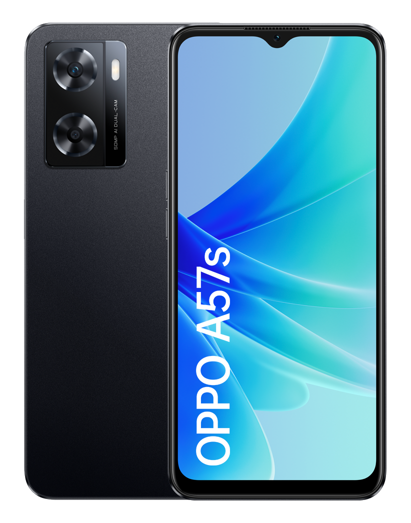 Smartphone Oppo A57s negro con cámaras duales y pantalla azul.