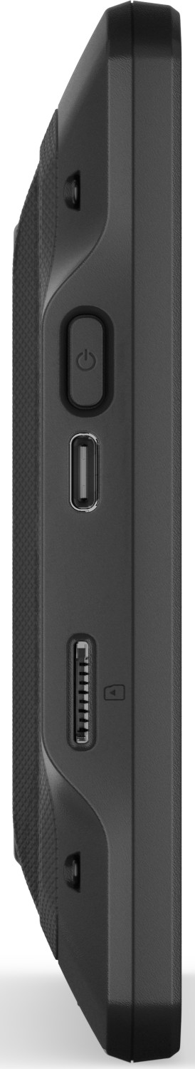 Vue latérale d'une tablette noire avec boutons et ports.