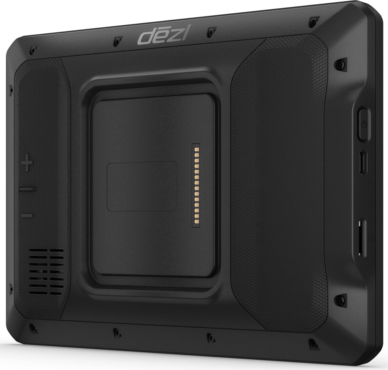L'arrière d'un appareil GPS noir. Comprend un port de chargement, des boutons et un port connecteur. La marque est dezl.