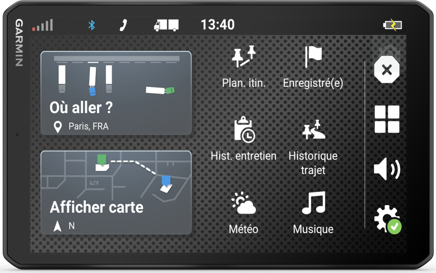 Écran GPS Garmin affichant les options de navigation et la carte.