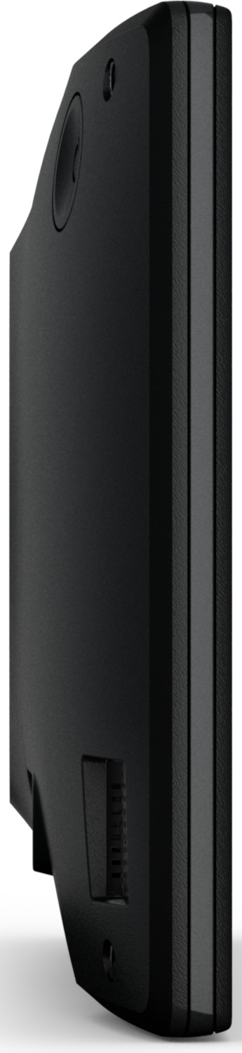 Black, sleek, side view of a device with a speaker and port.