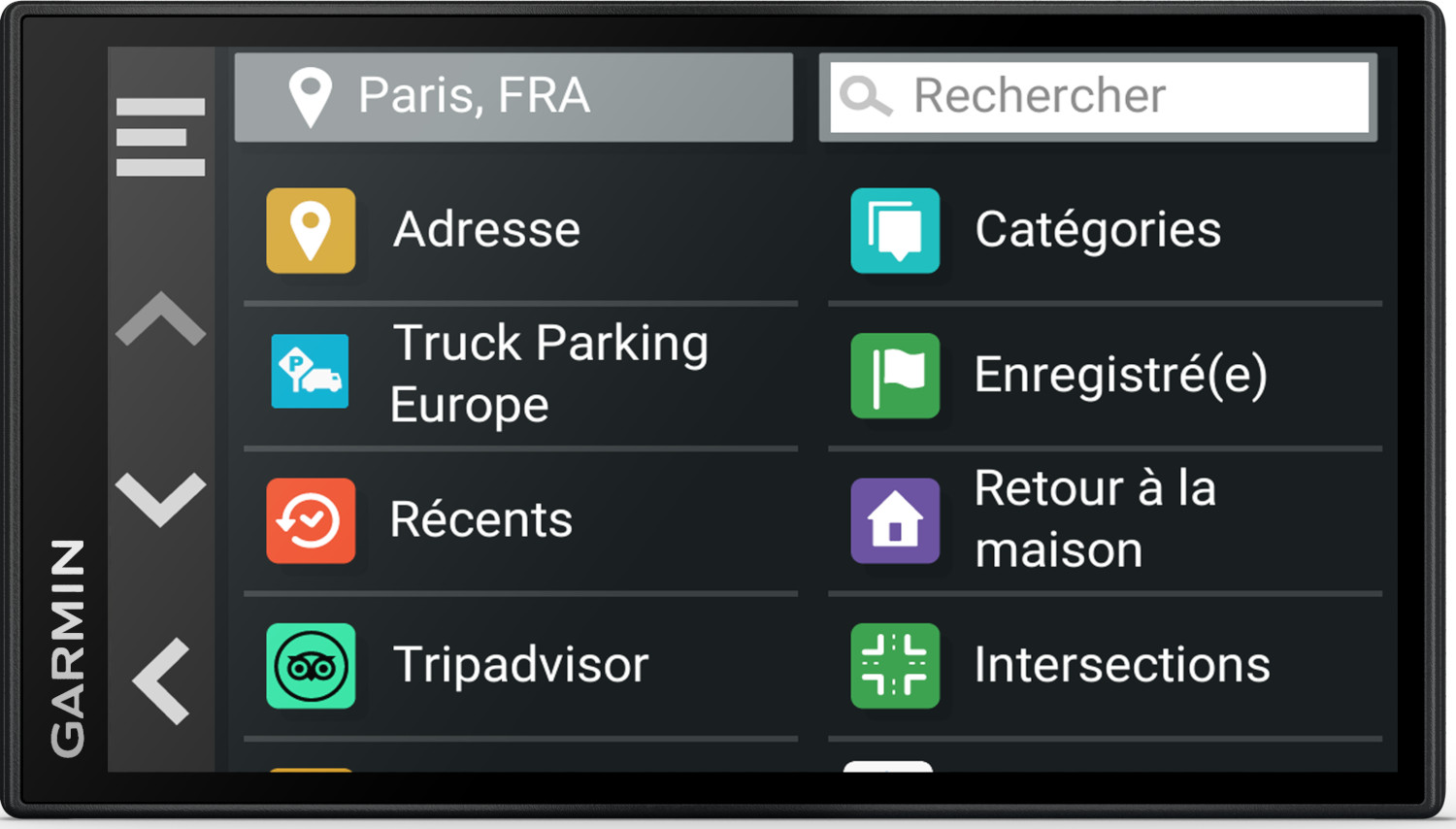 GPS device screen showing navigation options with icons and text on a dark background.