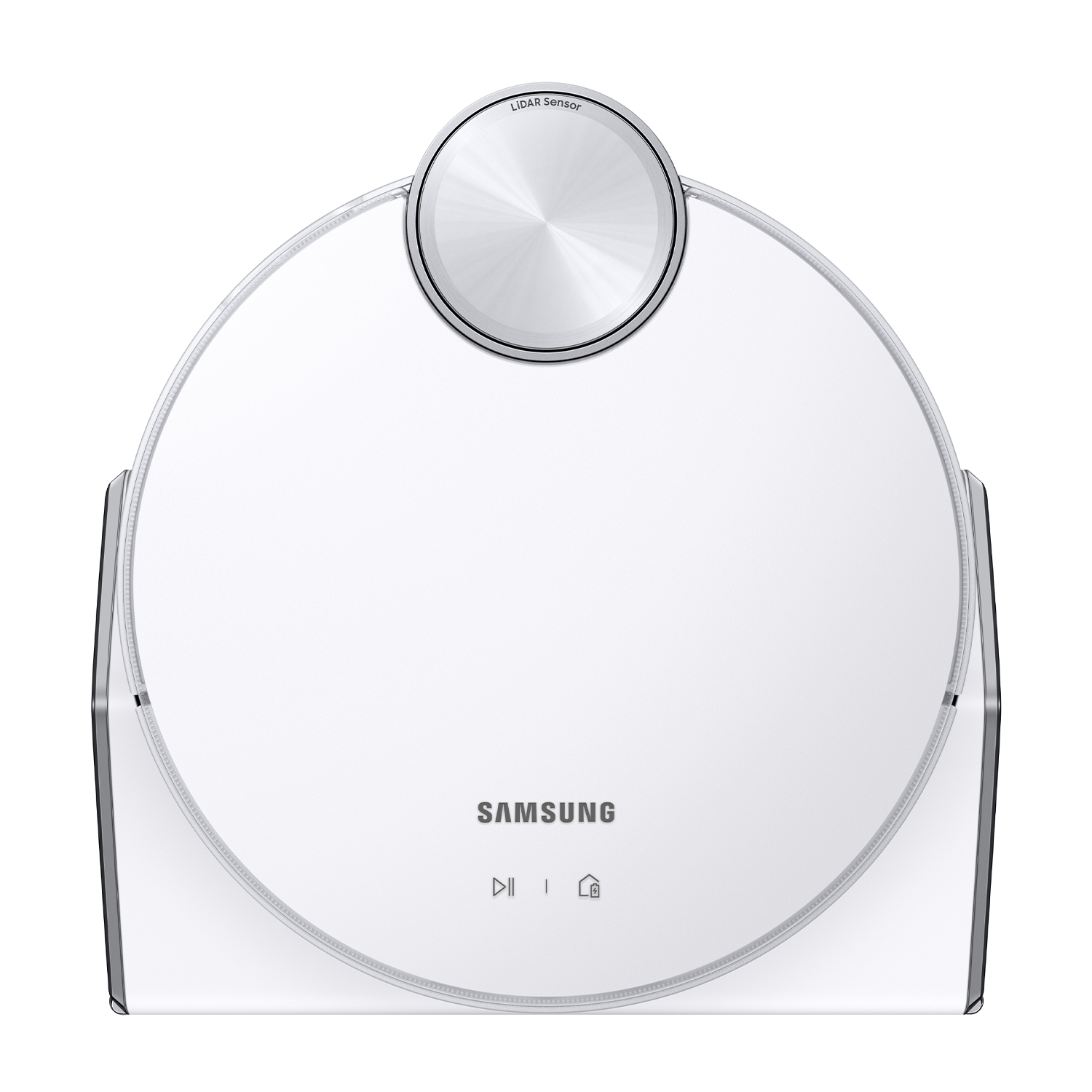 Un aspirapolvere robotico bianco e argento con sensore LIDAR e logo Samsung.