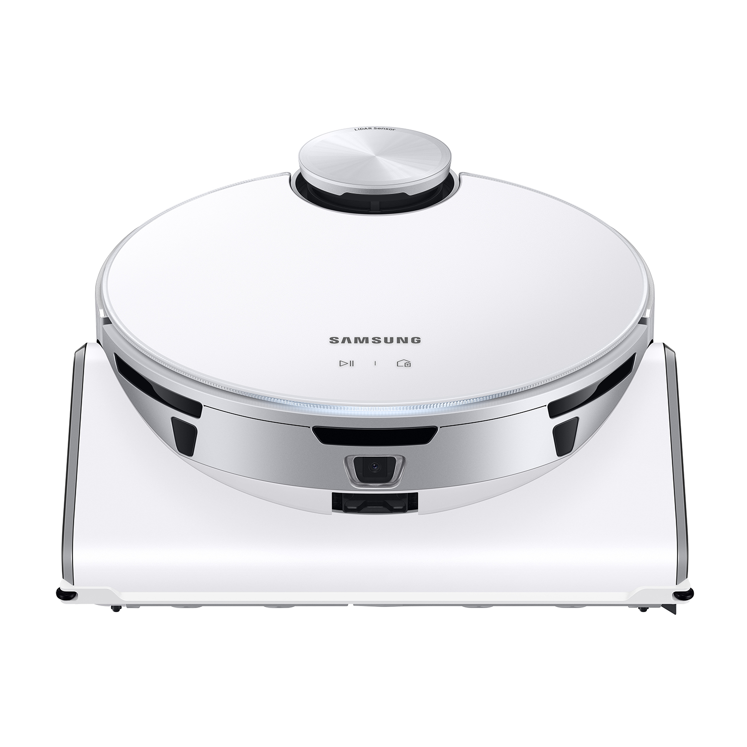 Aspirapolvere robot Samsung bianco. Vista dall'alto, con pulsanti e sensori.