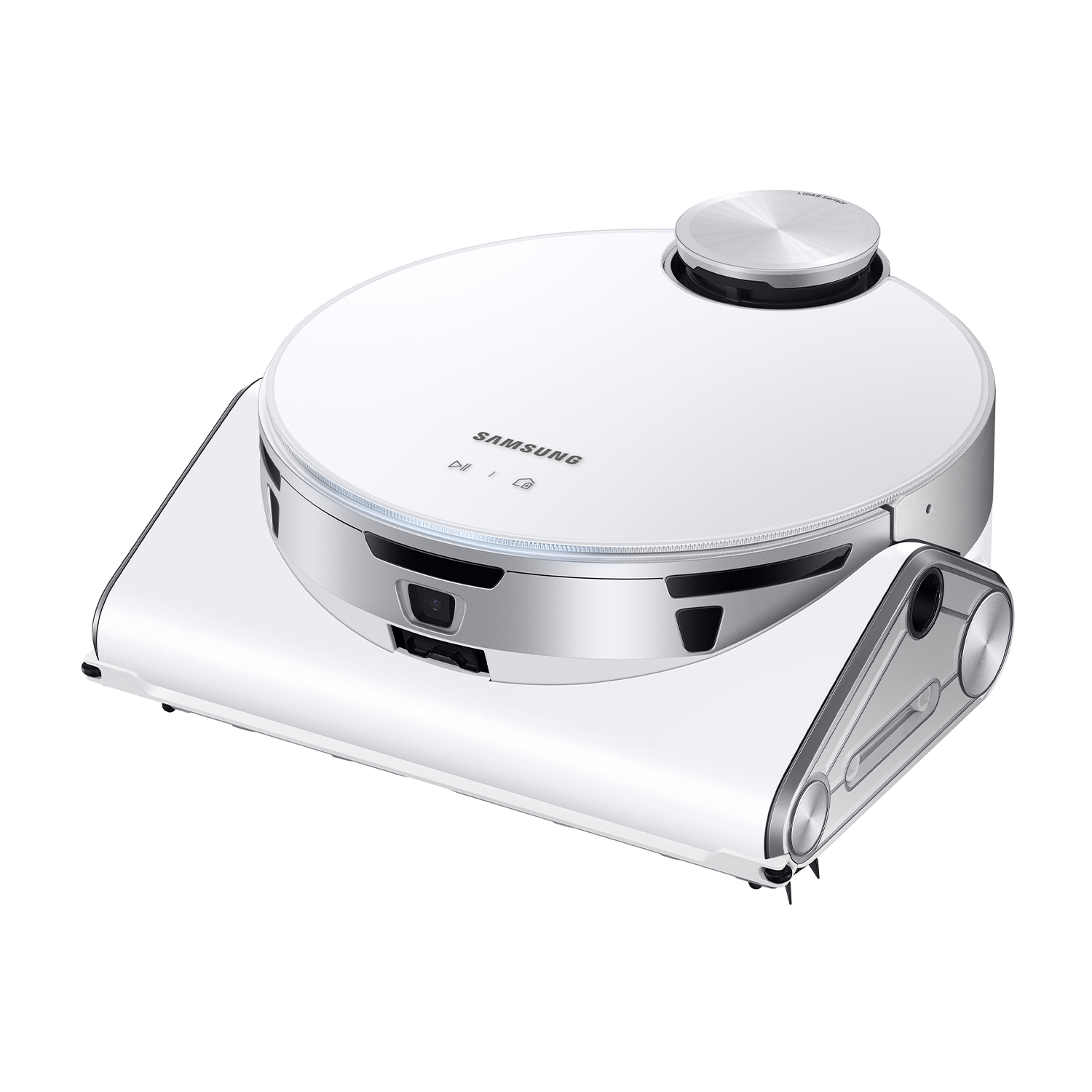 Aspirapolvere robotico bianco con parte superiore circolare e base rettangolare. Logo Samsung visibile.