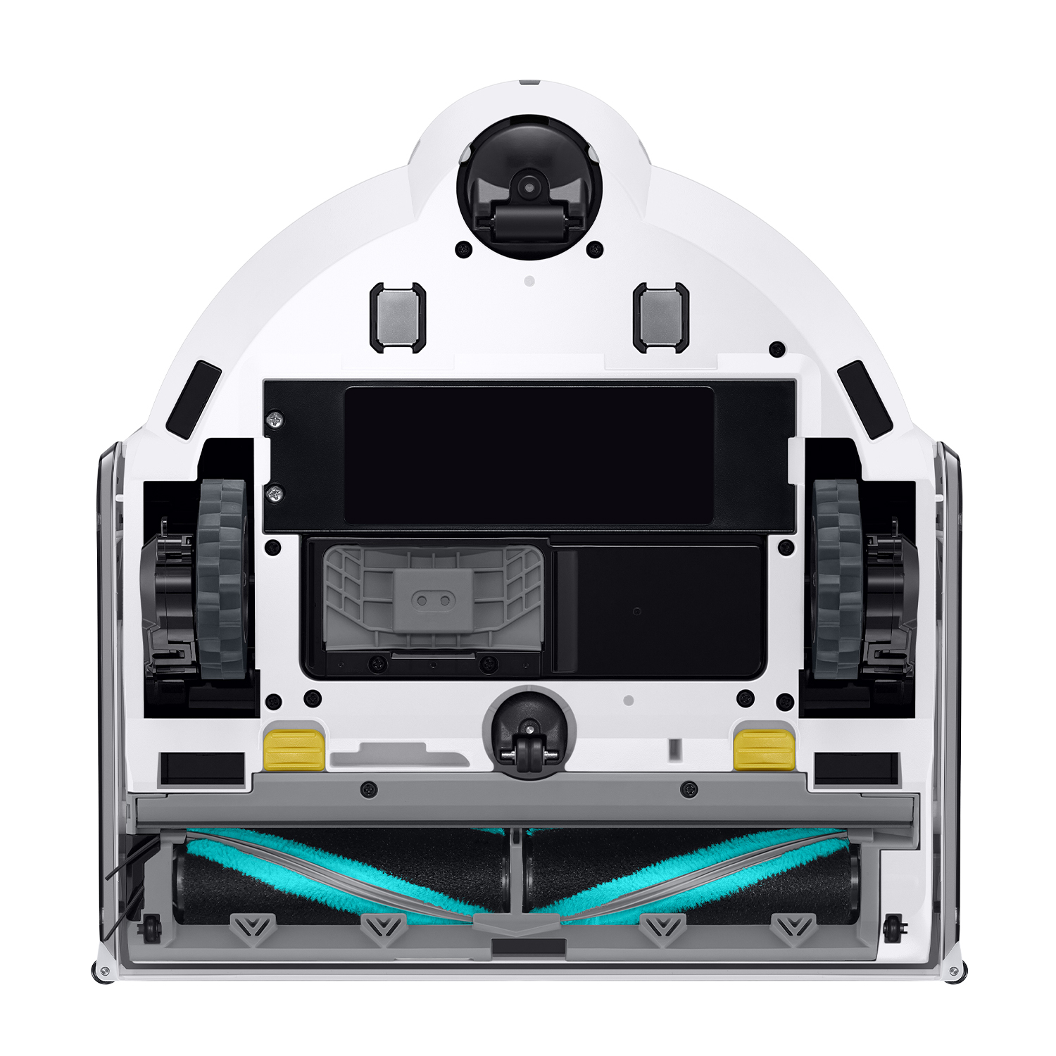 Un aspirapolvere robotico bianco, visto dal basso, con due spazzole rotanti e componenti interni neri.