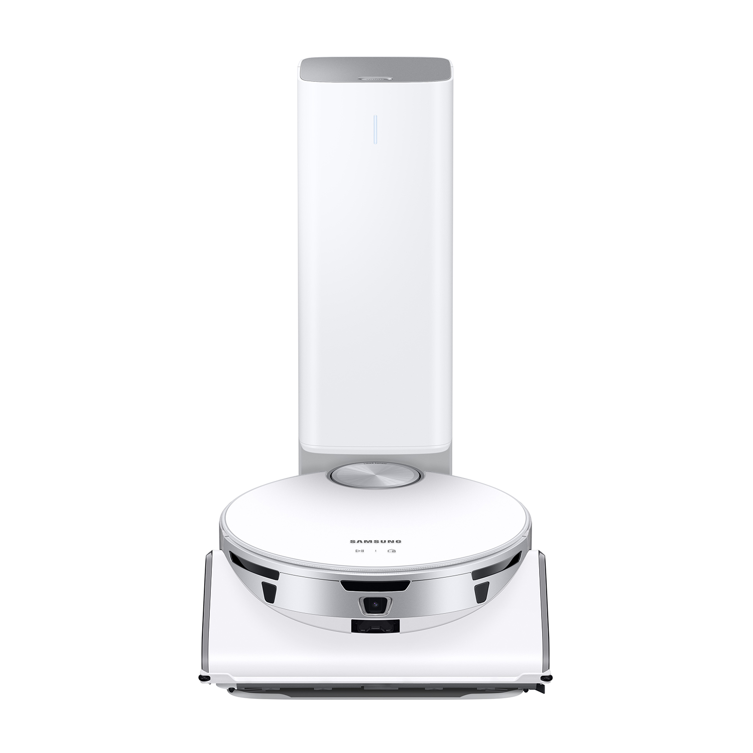 Aspirapolvere robot bianco con stazione di ricarica. Ha un corpo rotondo e una torre.