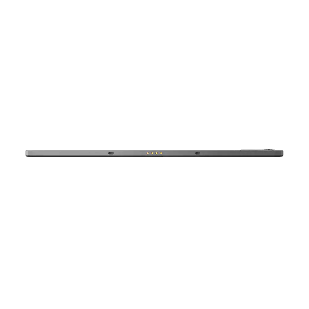 Close-up van een grijze tablet op zwarte achtergrond met vier gouden connectoren.