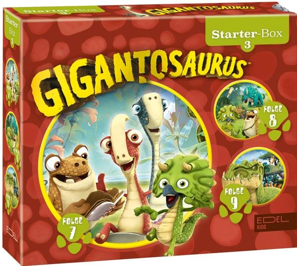 Schachtelkunst für eine Gigantosaurus-Starterbox. Dinosaurier sind auf der Vorderseite.