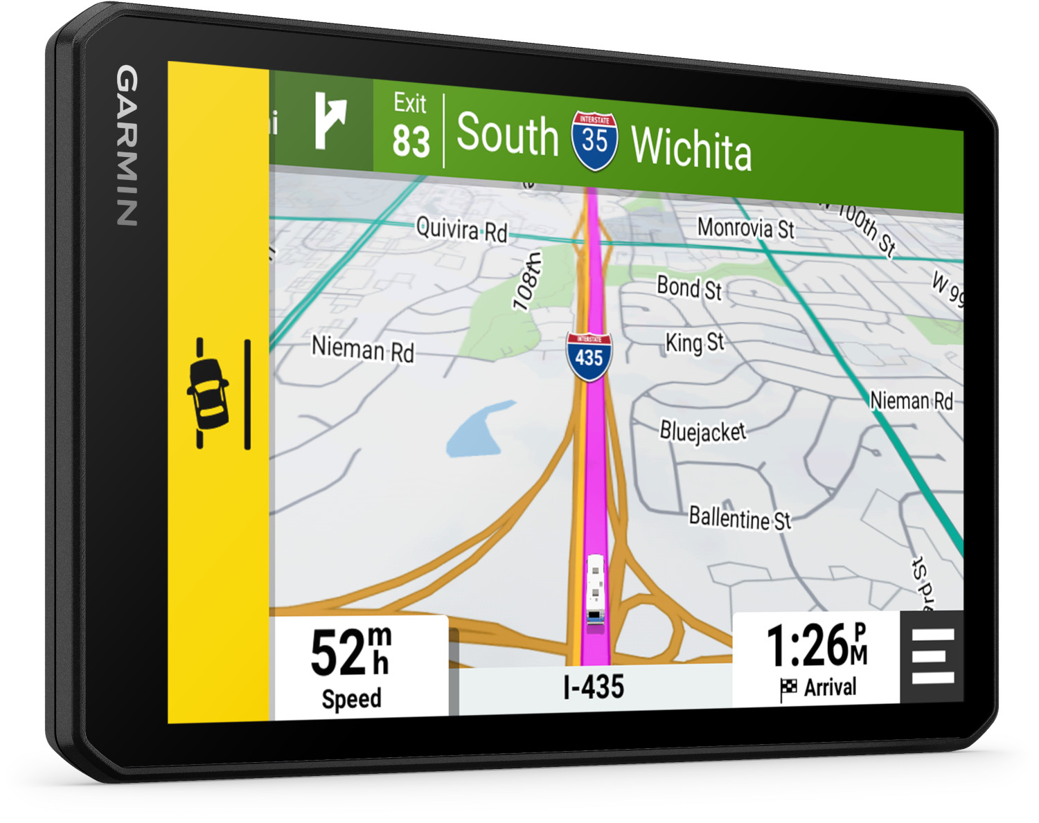 Le GPS Garmin affiche une carte avec un itinéraire en rose. La vitesse est de 52 mph, arrivée à 13h26.