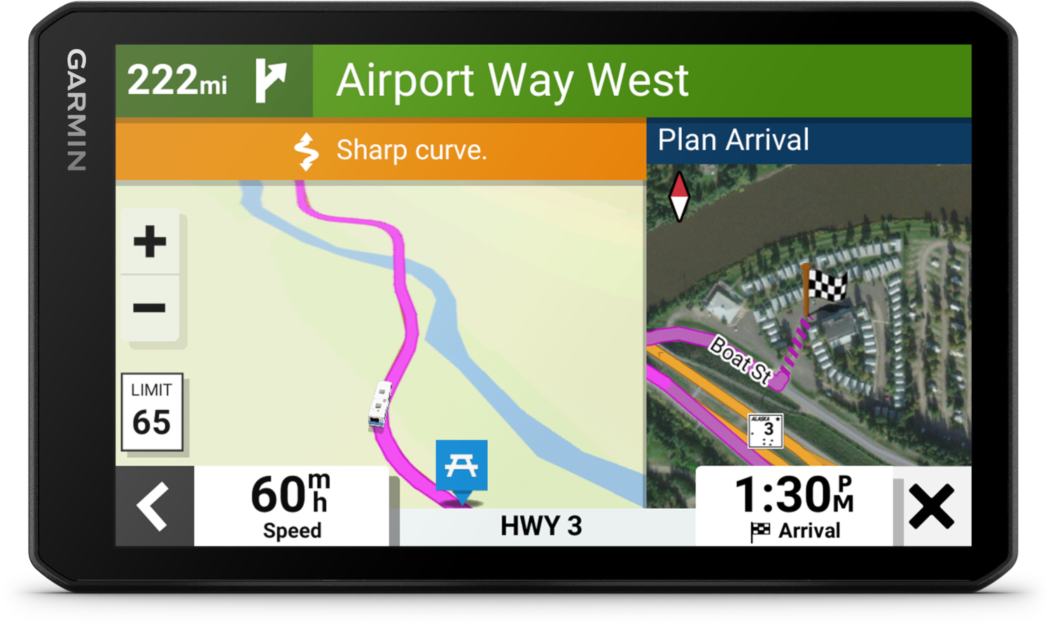 Un appareil GPS affiche une carte, un itinéraire et des instructions avec une autoroute et des bâtiments.
