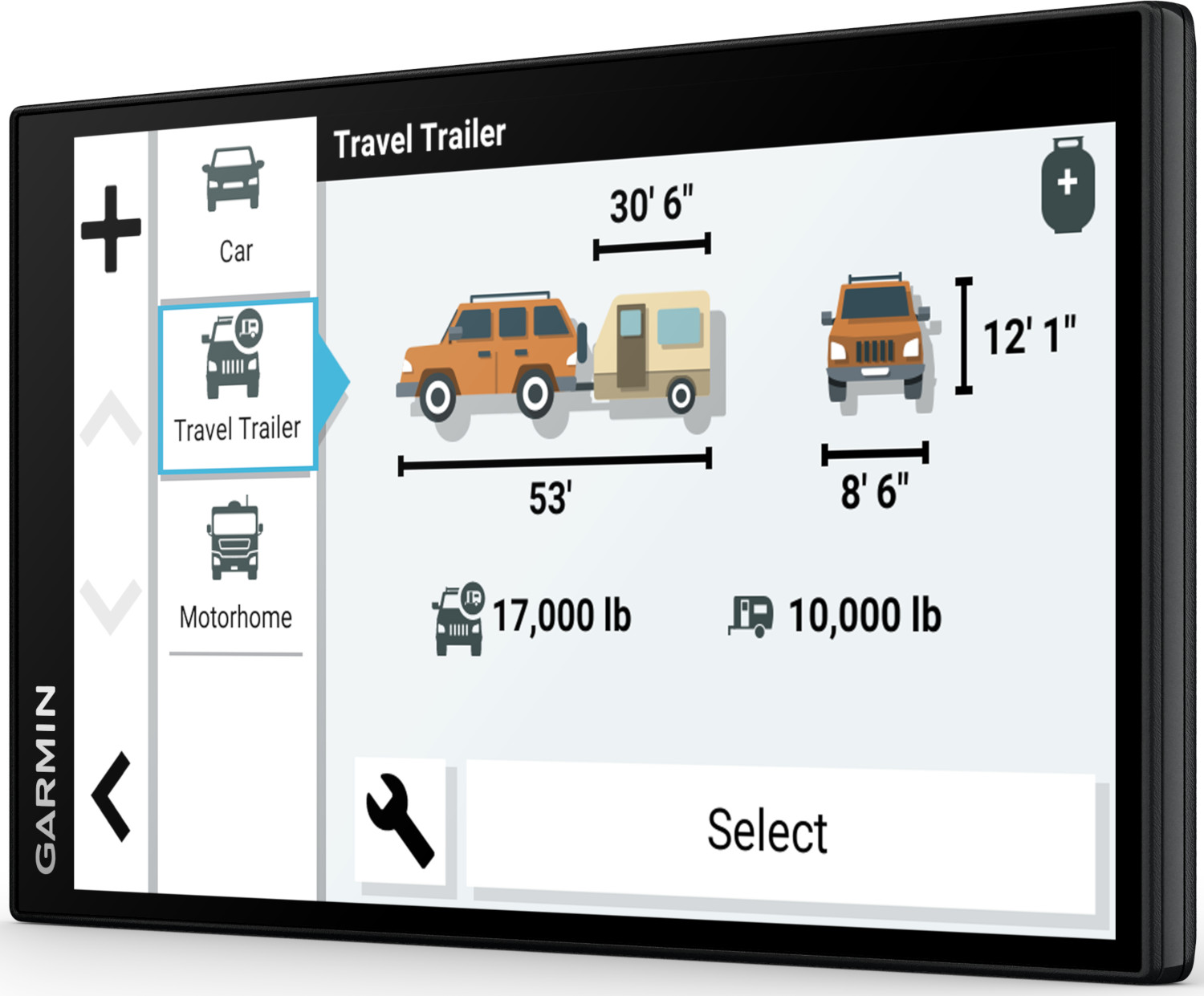 Un écran d'appareil Garmin montrant une configuration de caravane avec des dimensions.