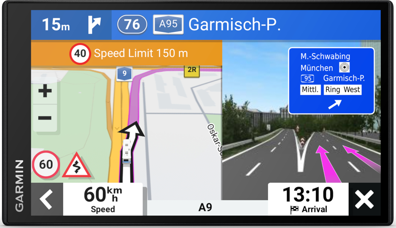 Écran du système de navigation avec une carte et des indications.