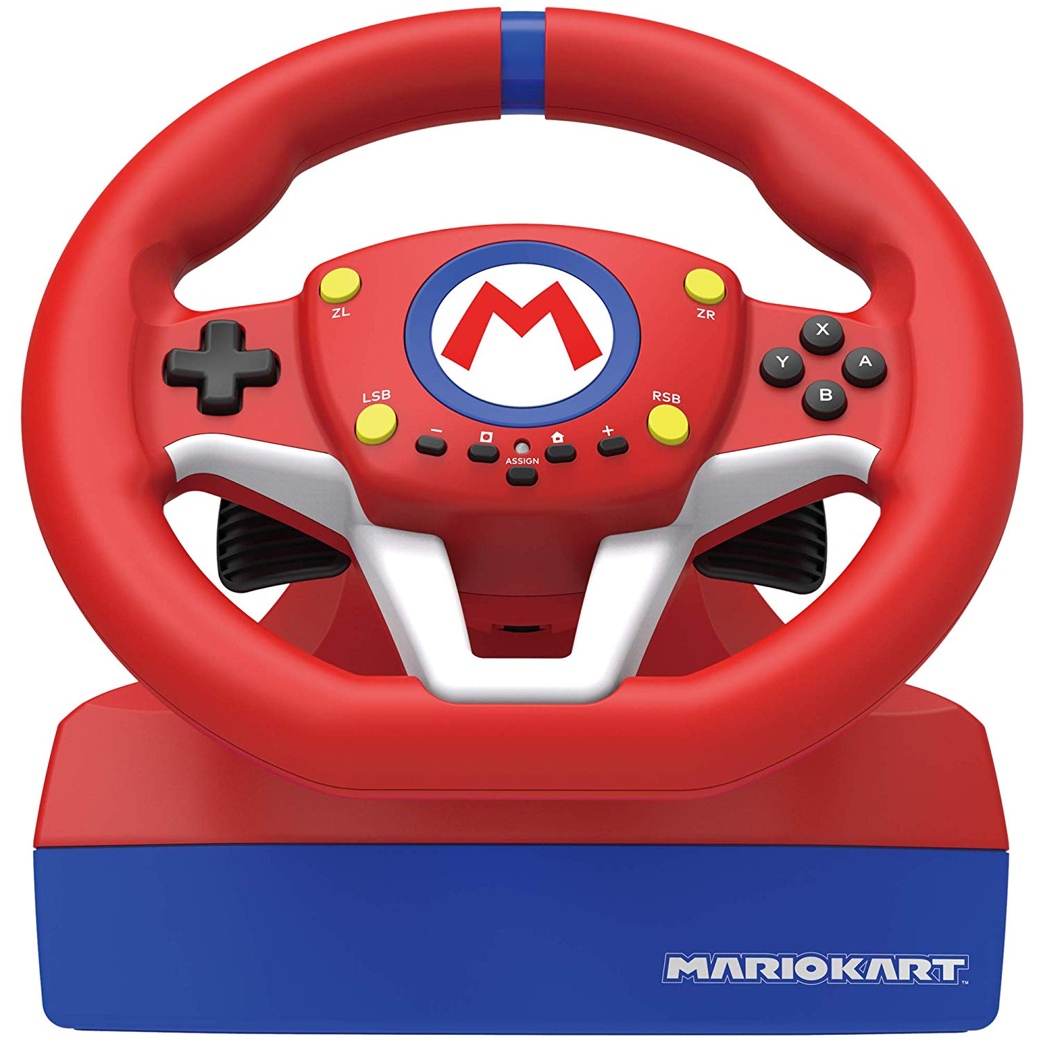 Volante rojo de Mario Kart con botones. Base azul y roja.