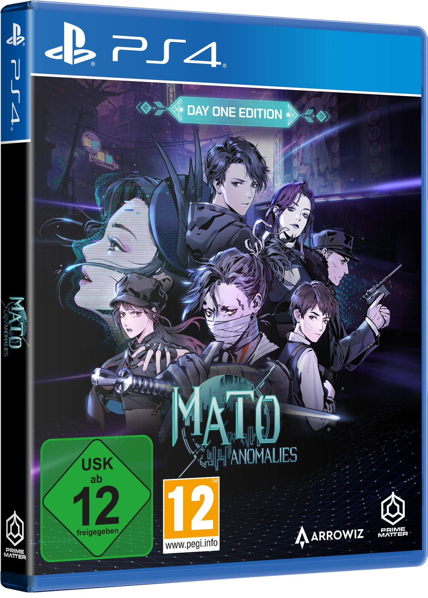 Eine PS4-Spielbox mit Anime-Charakteren. Das Spiel heißt 'Mato Anomalies' mit Rating-Details.