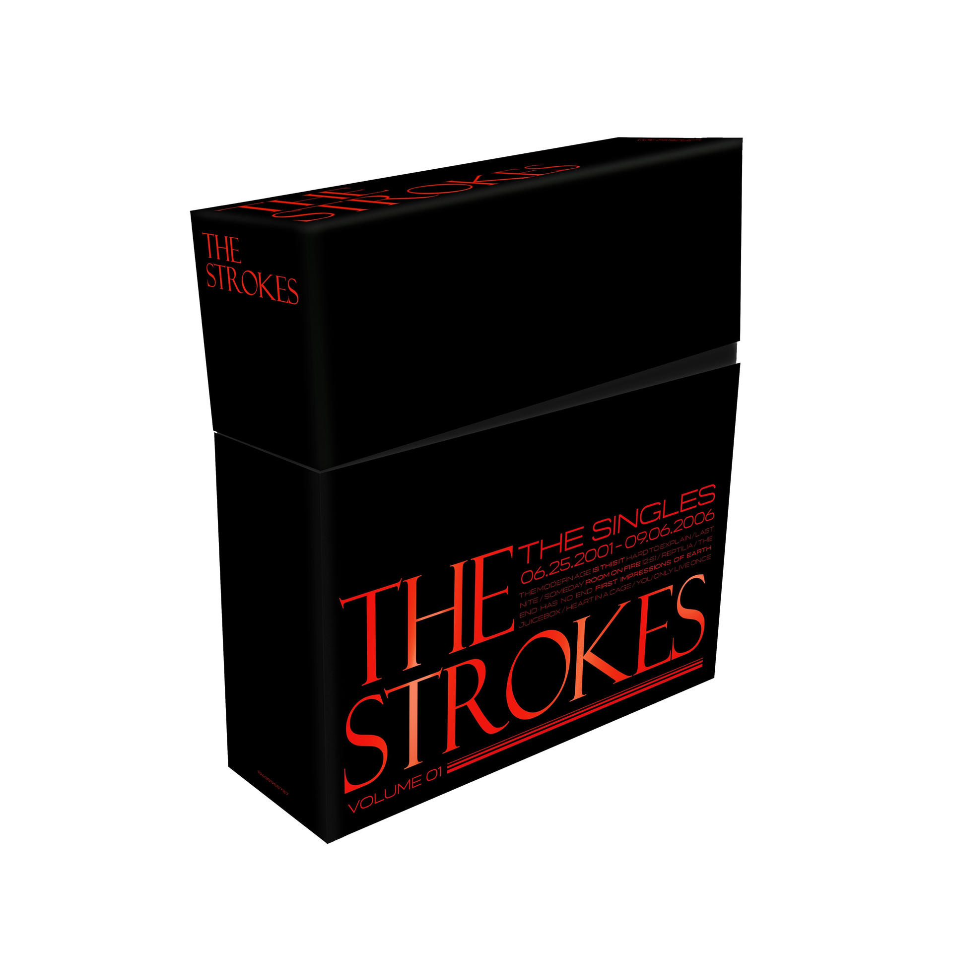 Schwarzes CD-Case mit rotem Text, wirbt für 'The Strokes' Singles.