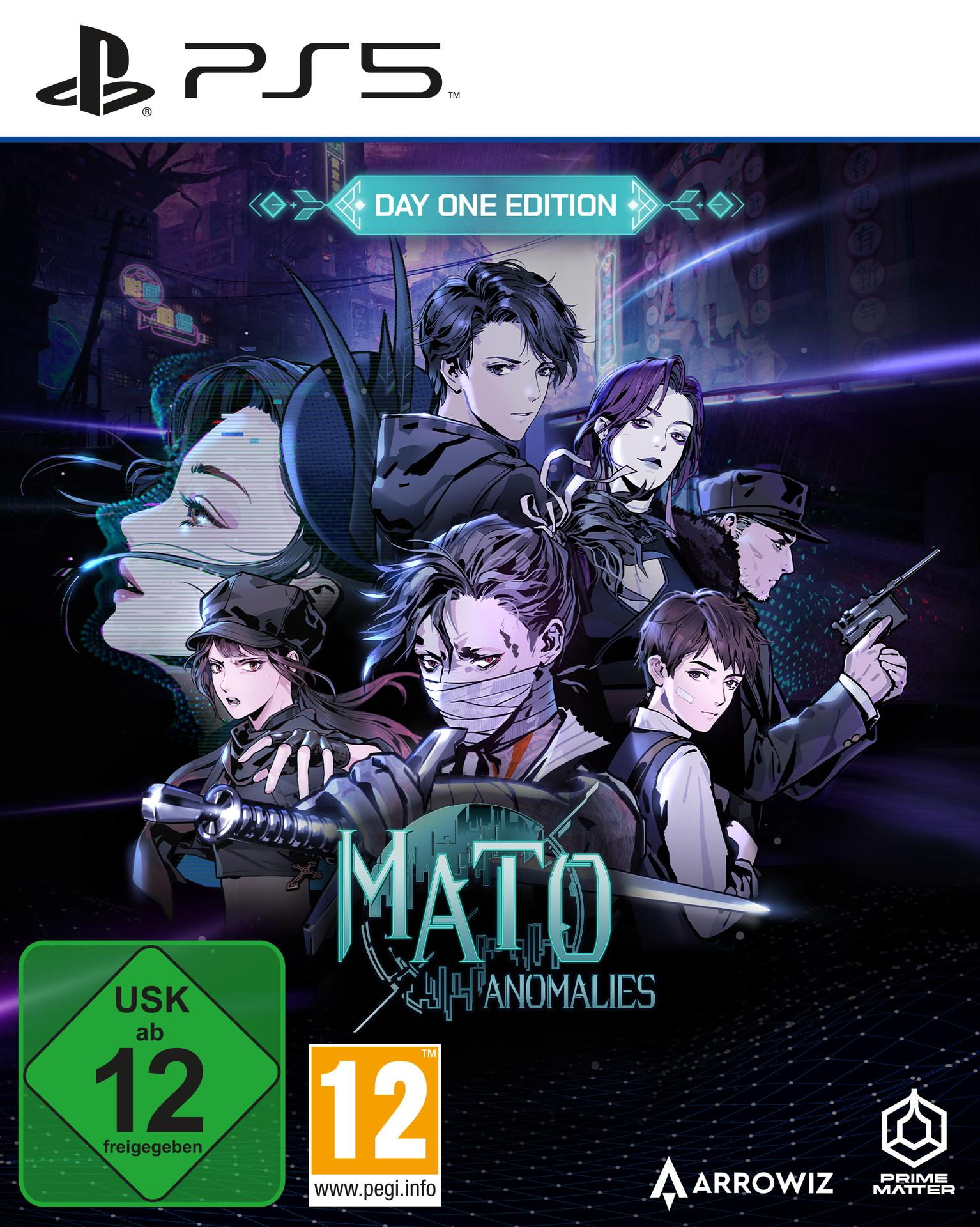 Spielecover: Anime-Charaktere in dunkler Stadt. Titel: Mato Anomalies. PS5-Logo.