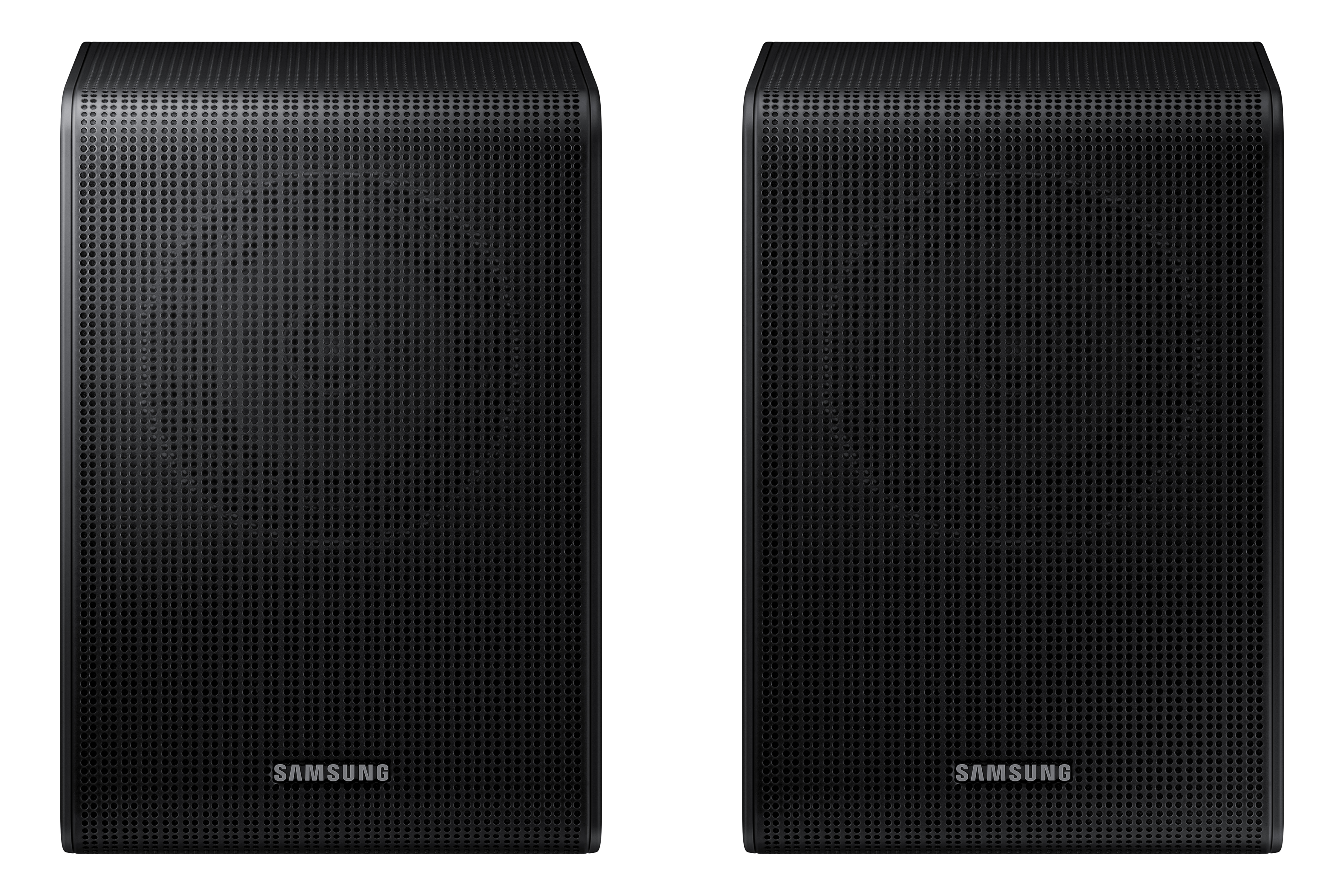 Dos altavoces negros con el logotipo de Samsung sobre un fondo negro.
