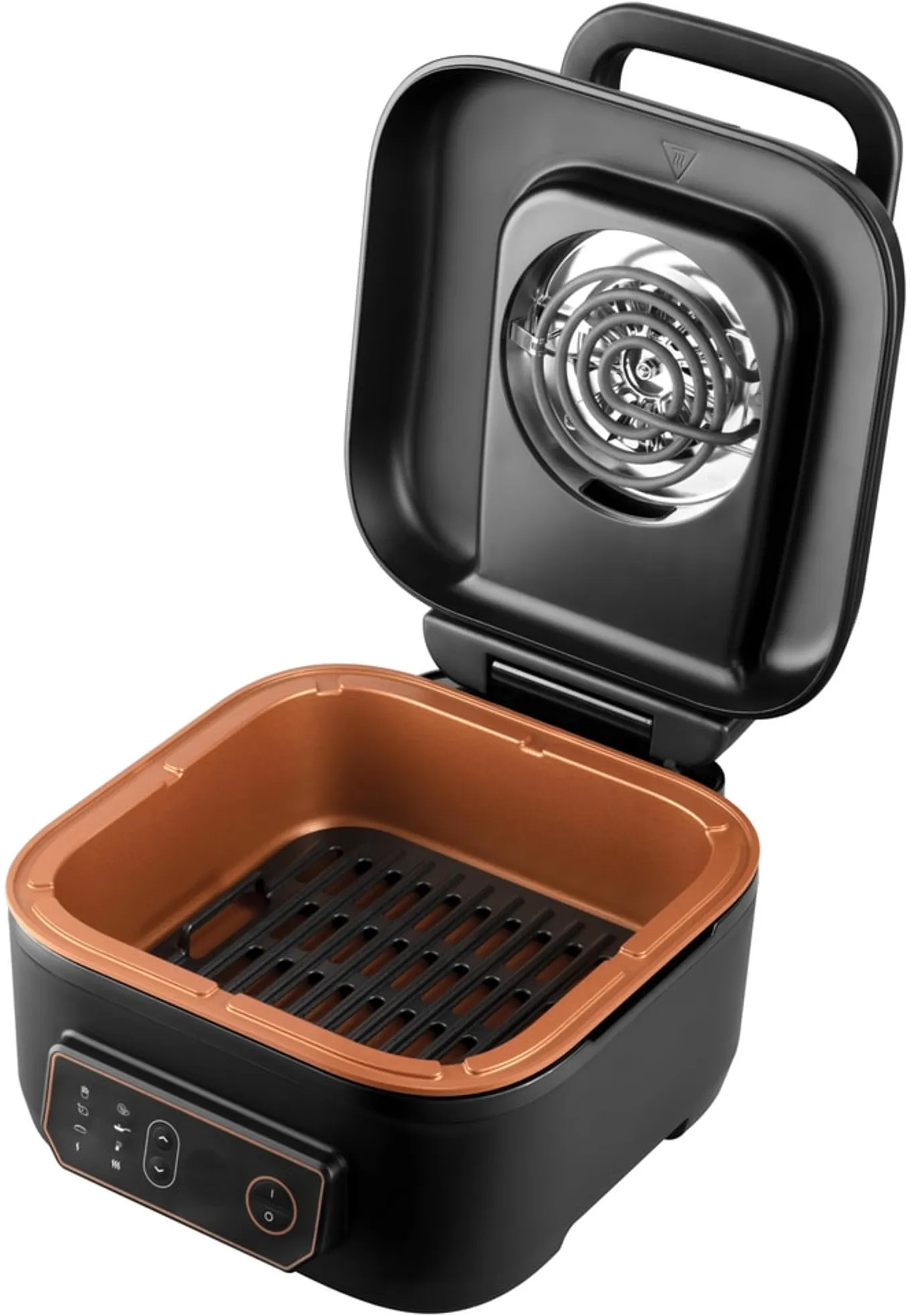 An open indoor grill, black exterior, copper-colored interior.