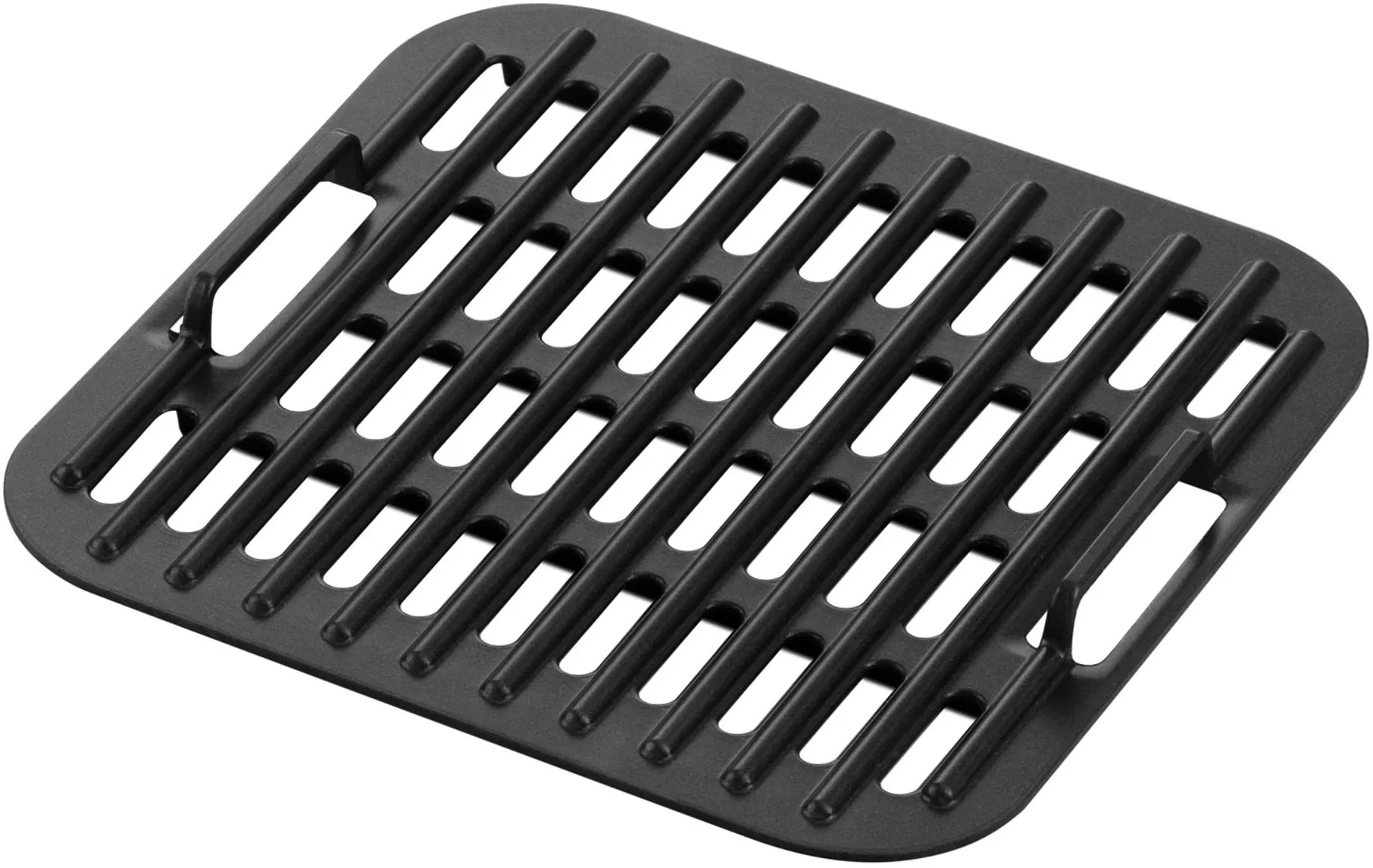 Black, square grill, metal with parallel raised bars and handle cutouts on the sides.