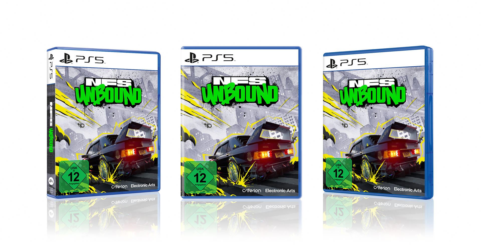 Drei Spielhüllen von 'Need for Speed Unbound' auf weißem Untergrund, PS5-Logo sichtbar.