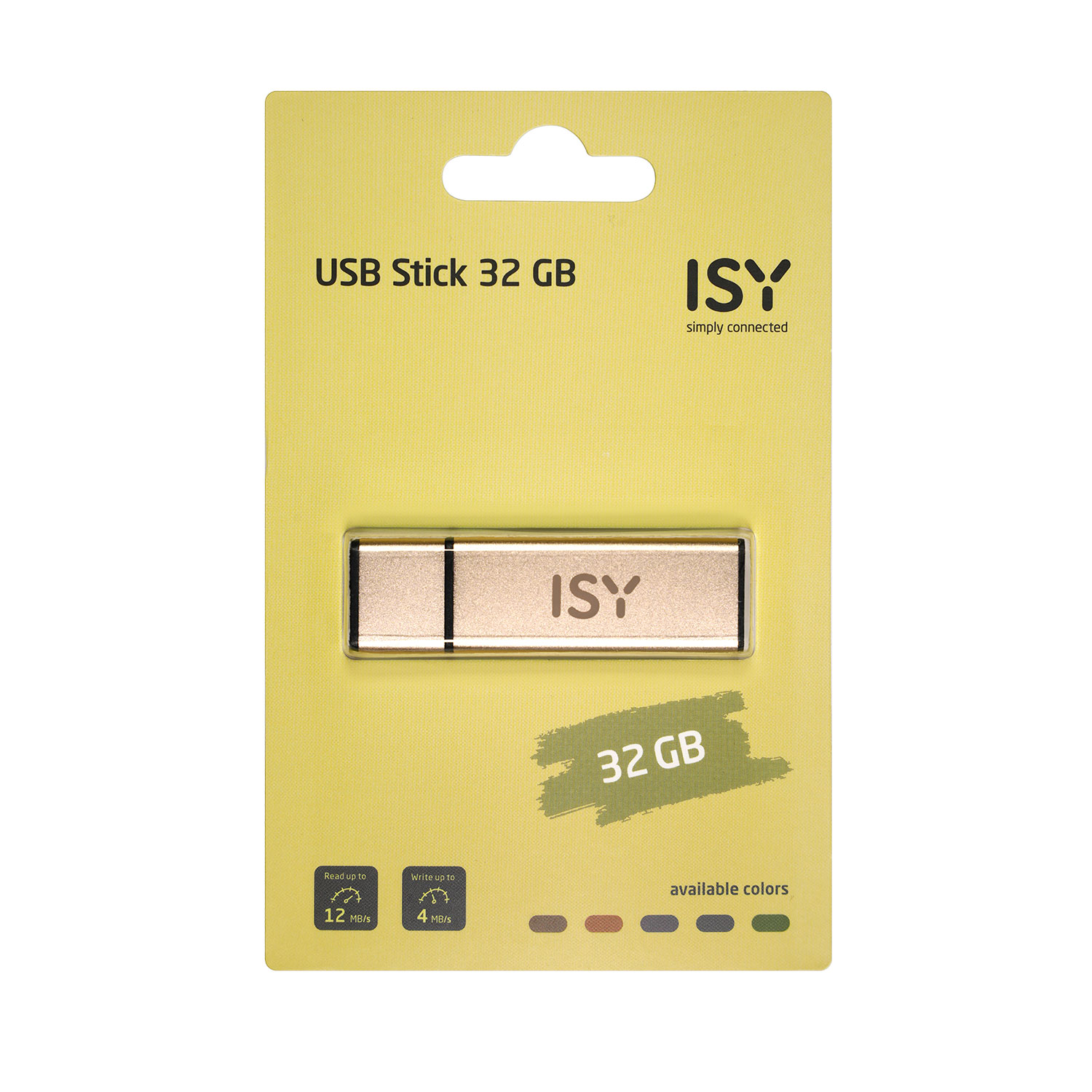 Ein USB-Stick in einer gelben Verpackung mit verfügbaren Farben.
