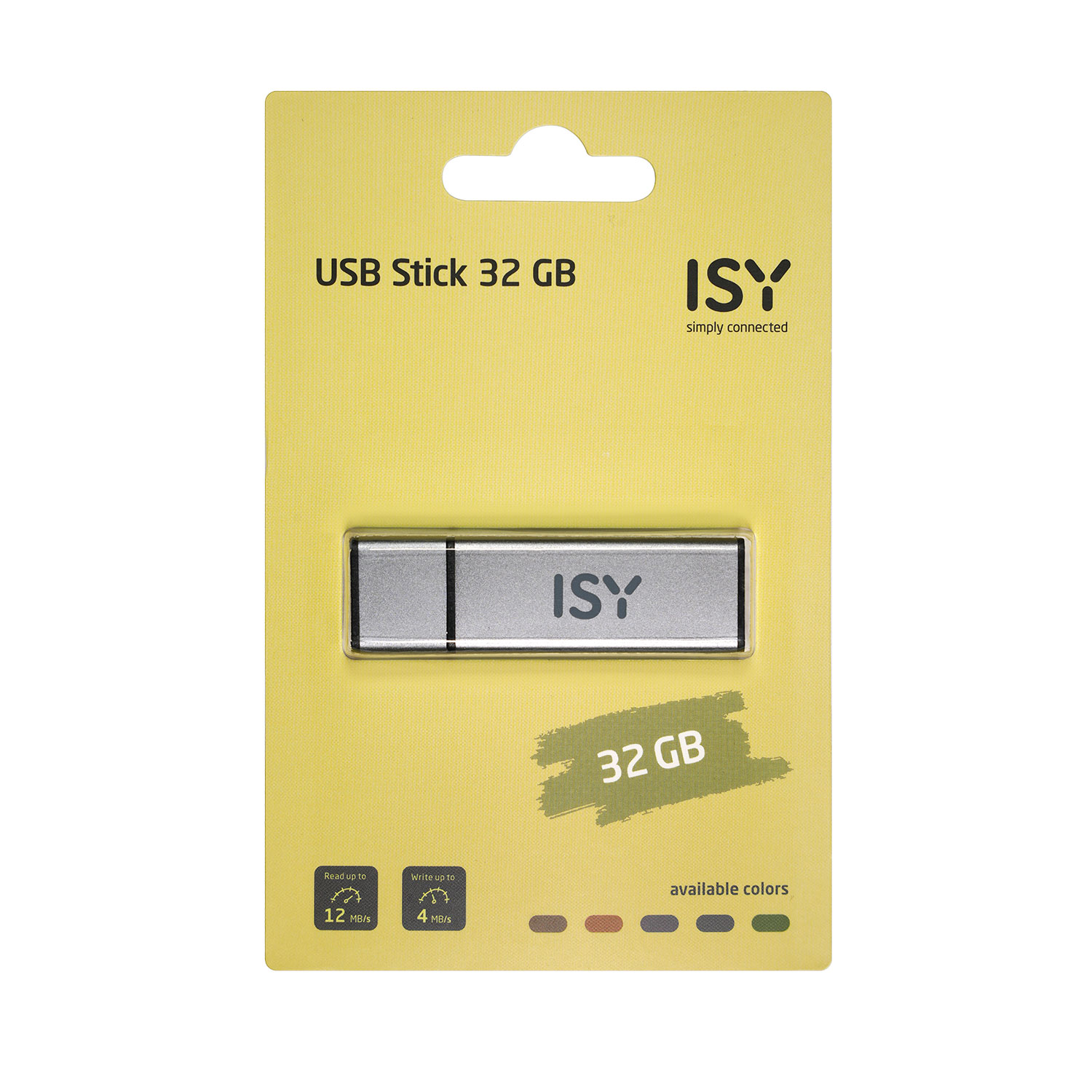 USB-Stick 32 GB. Silberner Stick in einer gelb-grünen Verpackung.