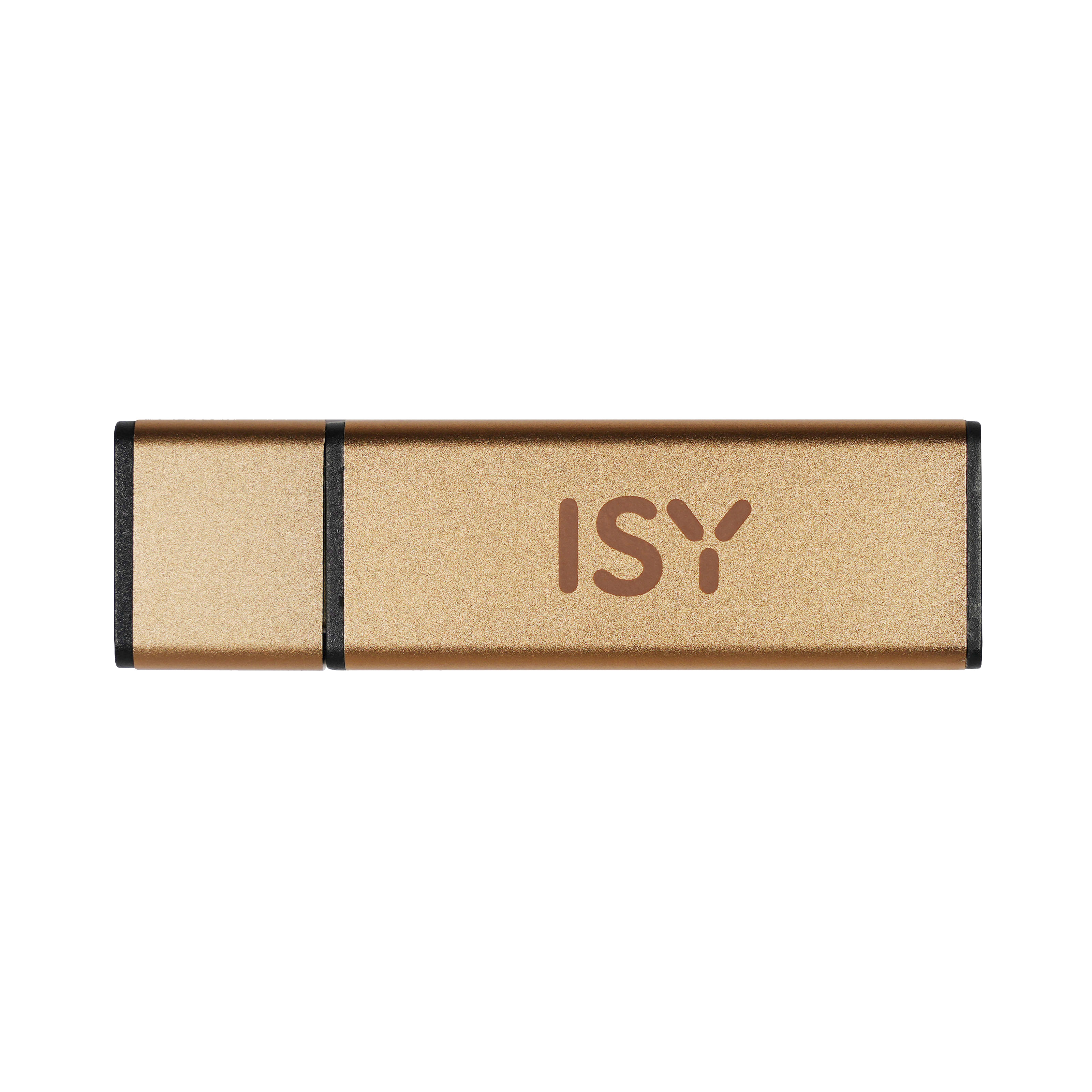 Ein goldfarbener USB-Stick mit dem Aufdruck ISY. Schwarze Kanten.