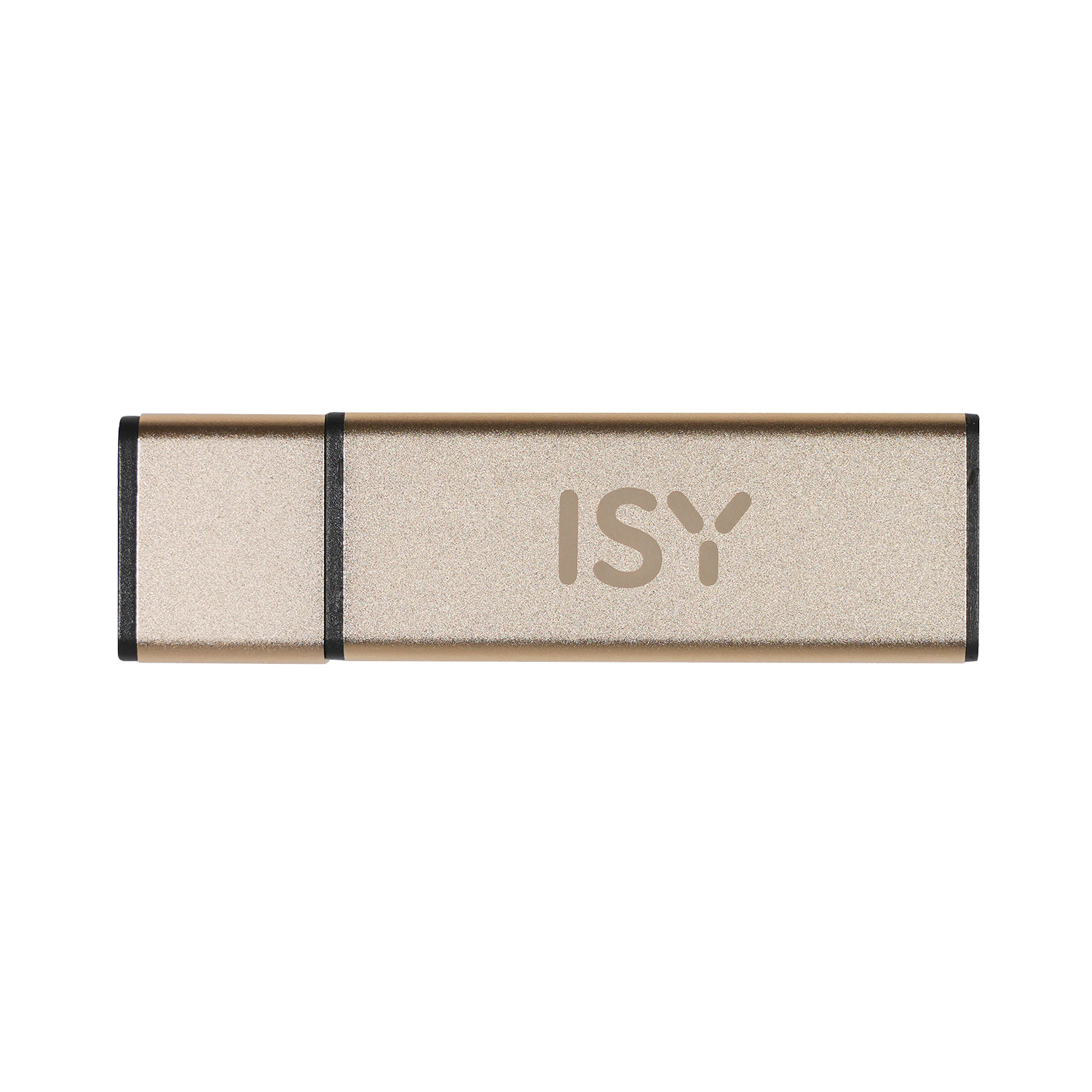 Goldener USB-Stick mit weißem ISY-Text. Schwarze Ränder um die Kanten.