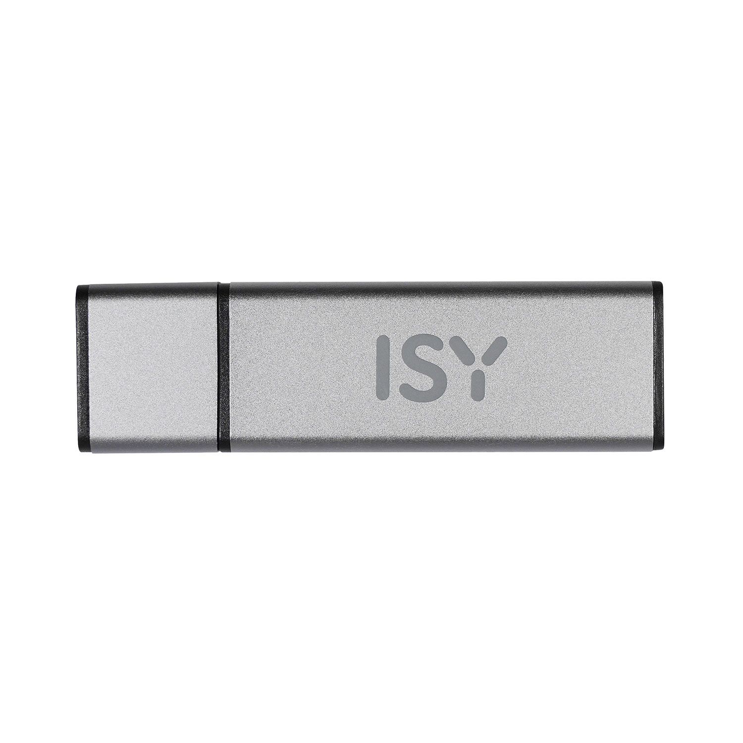 Silberner ISY USB-Stick mit aufgedrucktem Markennamen.