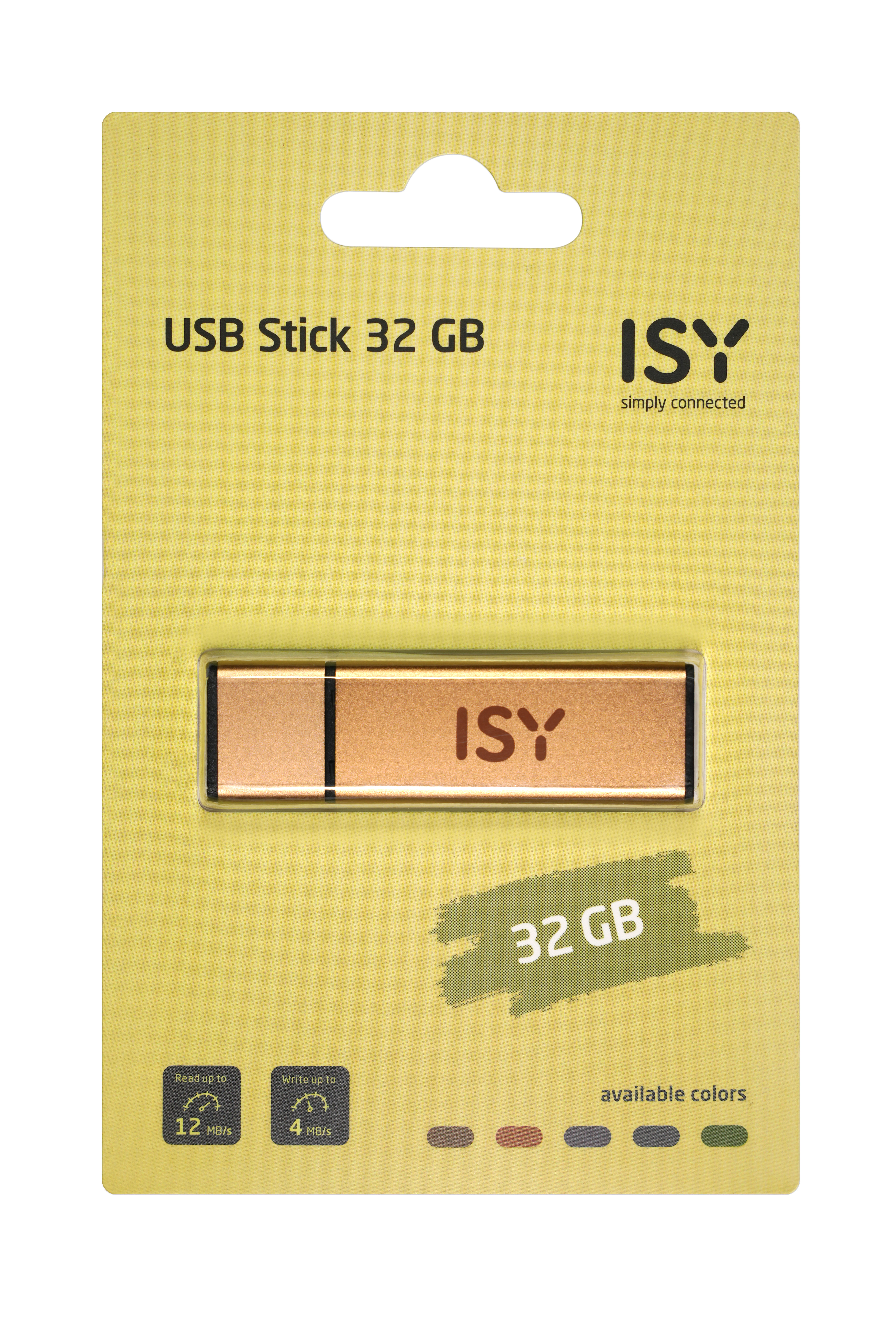 Ein USB-Stick in einer Blisterpackung. Der USB-Stick ist goldfarben und die Verpackung ist gelb und weiß.