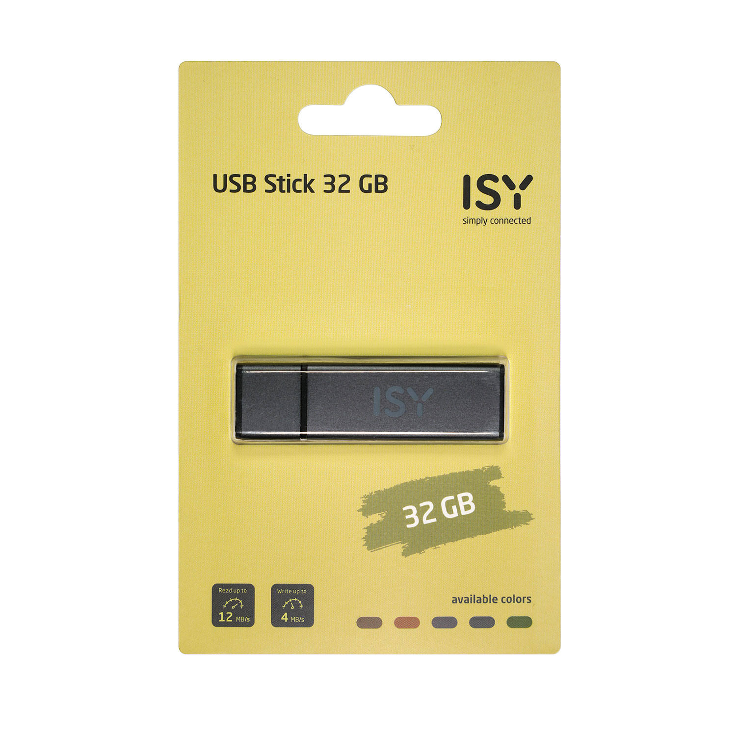USB-Stick in gelb-grüner Verpackung. Zeigt 32 GB.