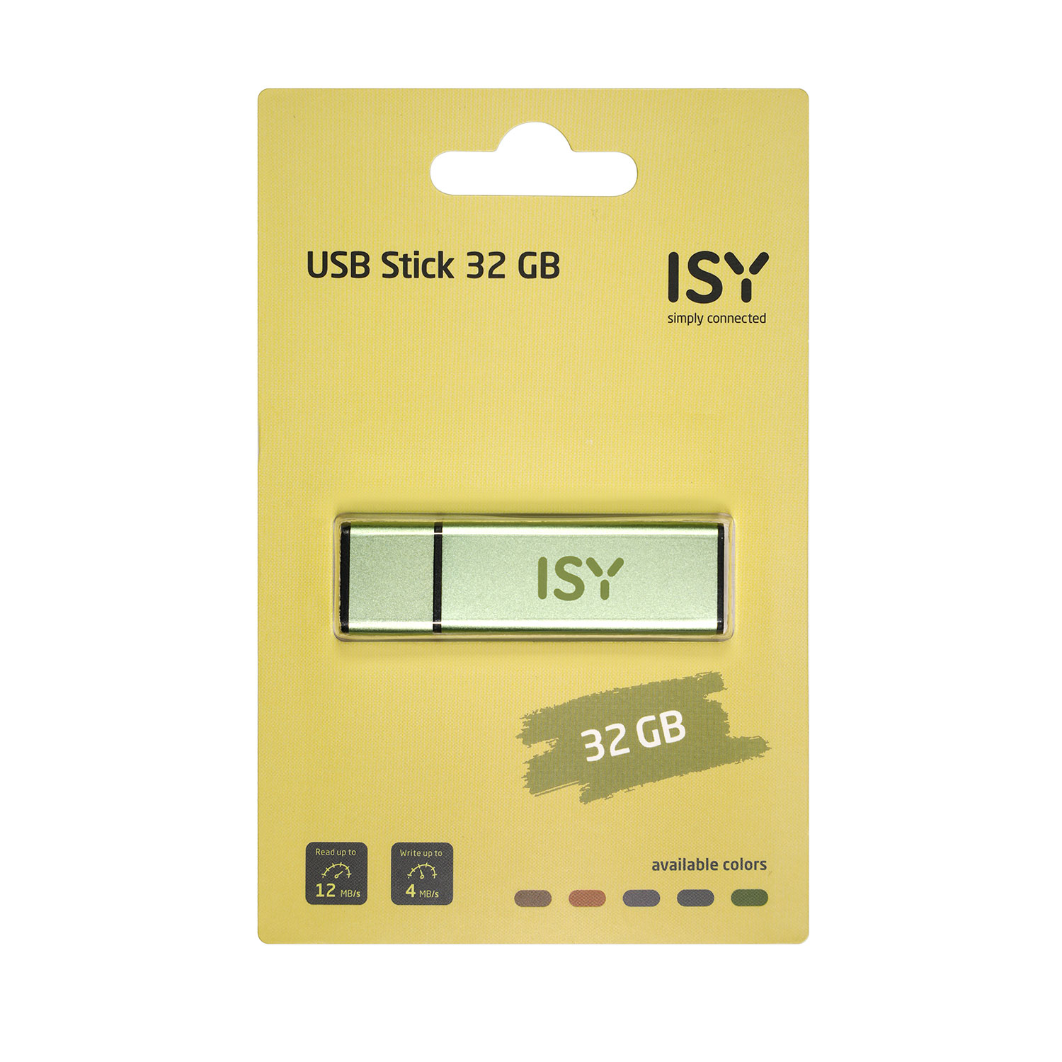 Ein USB-Stick in einer grünen Verpackung mit dem Text 'USB Stick 32 GB' und 'ISY'.