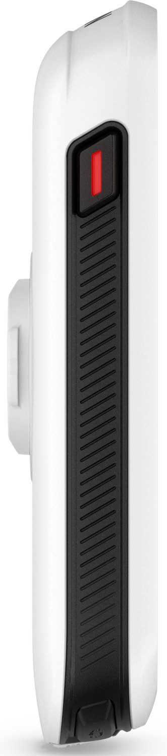 White device with a black textured side and a red button. It has a mounting interface.